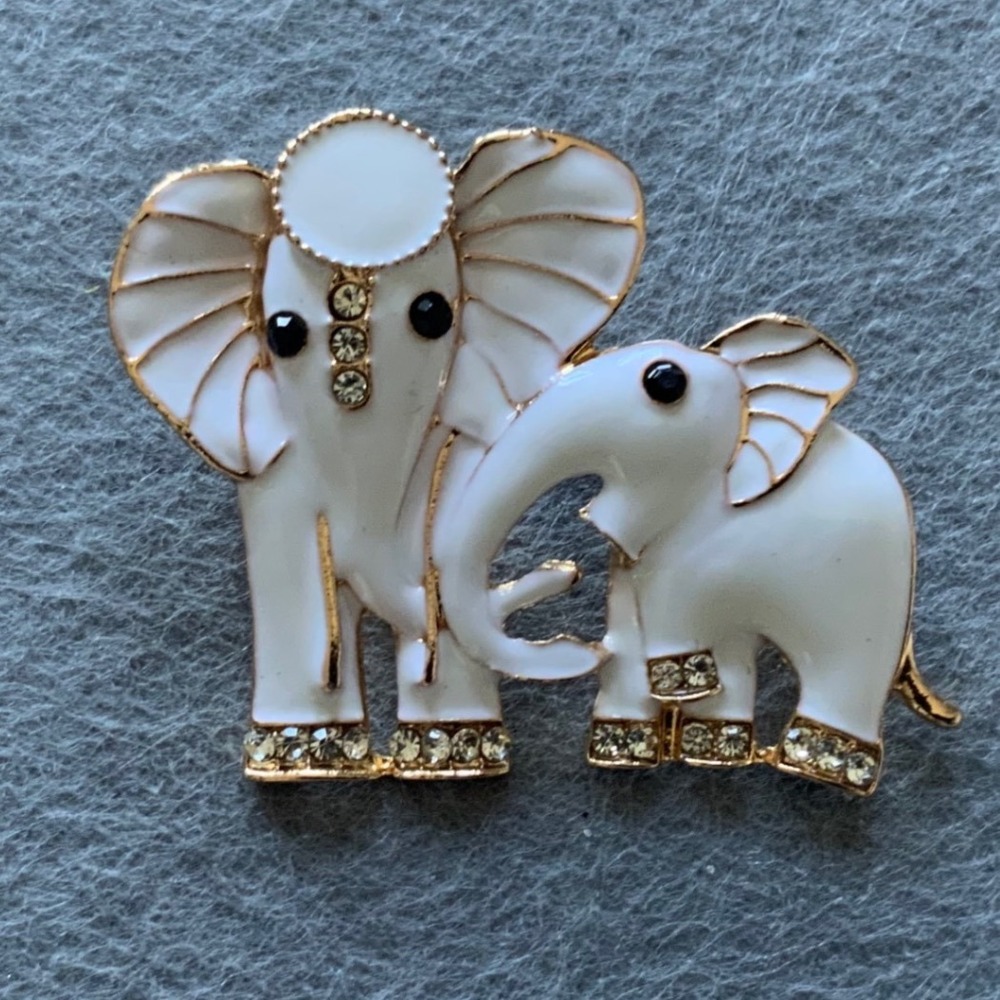 Vintage Mother and Baby Elephant Brooch Gold Tone White Enamel Rhinestone Pin